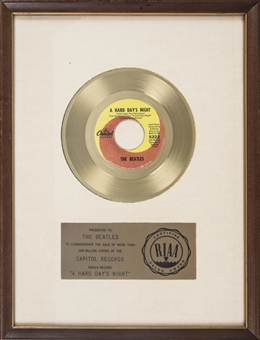The Beatles "A Hard Days Night" Original RIAA Single Gold Record Award